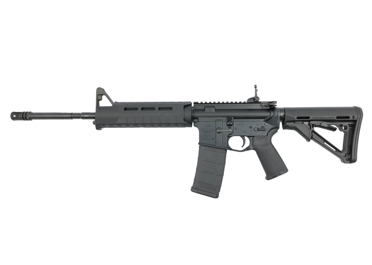 Bushmaster M4 Patrolman’s Flat Top MOE AR15 Rifle – Black | 5.56NATO | 16″ Barrel | Magpul MOE Furniture | Flip -Up Rear Sight | A2 Birdcage flash hider