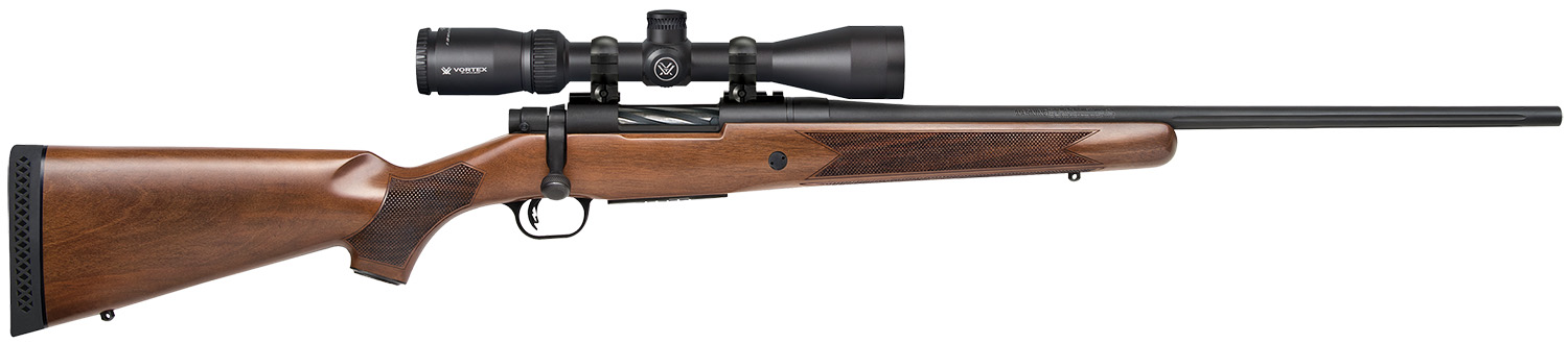 Mossberg 27939 Patriot w/Optic Full Size 243 Win 5+1, 22″ Matte Blued Fluted Steel Barrel & Receiver, Walnut Fixed Stock, Vortex Crossfire II 3-9x40mm Scope