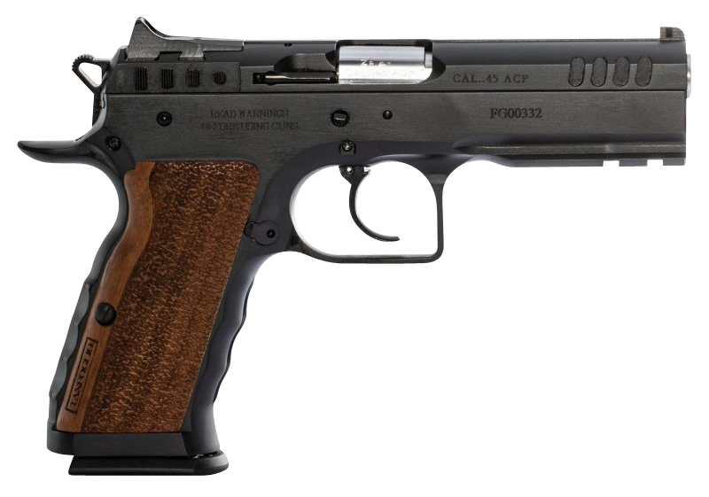 Tanfoglio IFG TFSTOCKI45 Defiant Stock I 45 ACP Caliber with 4.50″ Barrel, 10+1 Capacity, Overall Black Finish Steel, Picatinny Rail/Beavertail Frame, Serrated Slide & Wood Grip