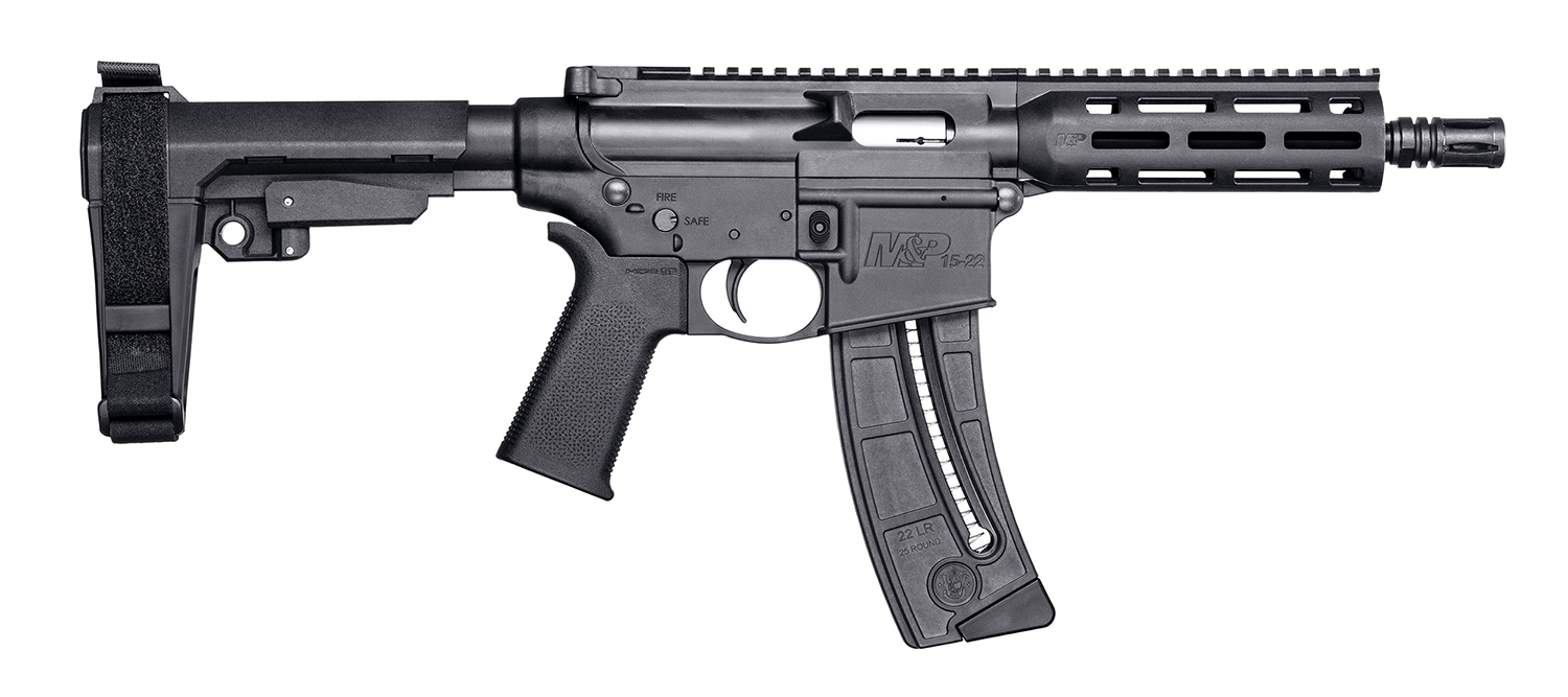 Smith & Wesson 13321 M&P15 Pistol 22 LR 8″ Black Carbon Steel Barrel 25+1, Black SB Tactical SBA3 Adjustable Arm Brace Stock, Black Magpul MOE Grip, Manual Safety, Optics Ready