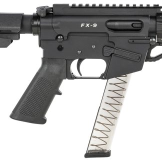 Freedom Ordnance FX9P4S FX-9 9mm Luger 31+1 4″ Black Nitride Barrel w/Faux Suppressor, Black Hard Coat Anodized Aluminum Receiver, SB Tactical SBA3 Pistol Brace Stock, Black Polymer Grip