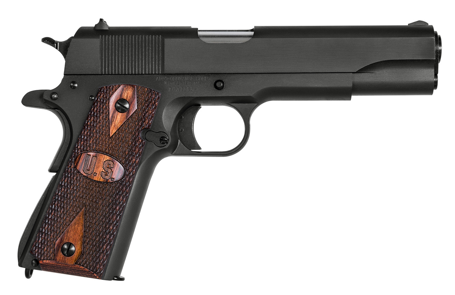 Auto-Ordnance 1911BKO9W 1911 A1 GI Spec 9mm Luger 9+1 5″ Stainless Steel Barrel, Matte Black Serrated Carbon Steel Slide & Frame w/Beavertail, Checkered Wood w/Integrated US Logo Grip