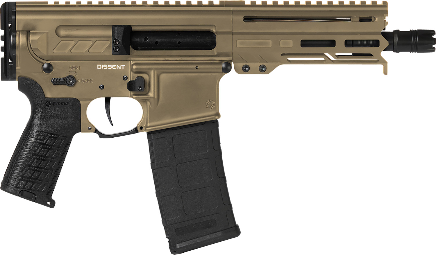 CMMG 30A0E33CT Dissent MK4 300 Blackout 30+1 6.50″, Coyote Tan Cerakote Rec, OEM Grip, Picatinny Buffer Adapter, Zeroed Drop-In Single Stage Trigger