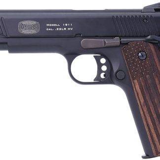 Mauser Rimfire 4110608 1911  22 LR 10+1 5″ Black Steel Barrel, Black Serrated Aluminum Slide, Black Aluminum Frame w/Beavertail, Molded Wood Flag Grip, Ambidextrous