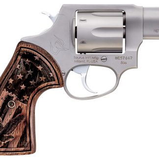 Taurus 285629US1 856 Small Frame 38 Special +P 6rd 2″ Matte Stainless Steel Barrel, Cylinder & Frame, Engraved USA Flag Walnut Grip, Transfer Bar Safety