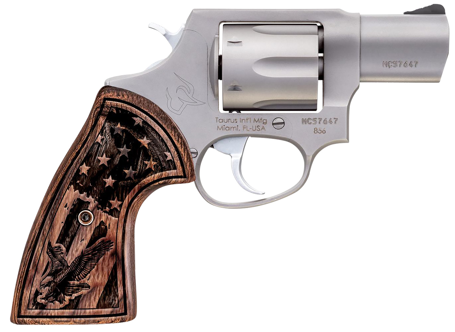 Taurus 285629US1 856 Small Frame 38 Special +P 6rd 2″ Matte Stainless Steel Barrel, Cylinder & Frame, Engraved USA Flag Walnut Grip, Transfer Bar Safety