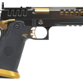 Watchtower Firearms DEMOLITIA9MM5ELITE Demolitia Full Size Frame 9mm Luger 20+1 5″ Gold Plated PVD Ported Barrel, Graphite PVD Optic Cut/Serrated Steel Slide, Graphite PVD Frame, Black Textured Grip