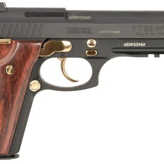 Taurus 1-920151GLD-HW1 92 Full Size Frame 9mm 17+1 5″ Matte Black Stainless Steel Barrel, Matte Black Serrated Alloy Steel Slide, Matte Black w/Gold Accents Aluminum Frame w/Picatinny Rail, Wood Grip