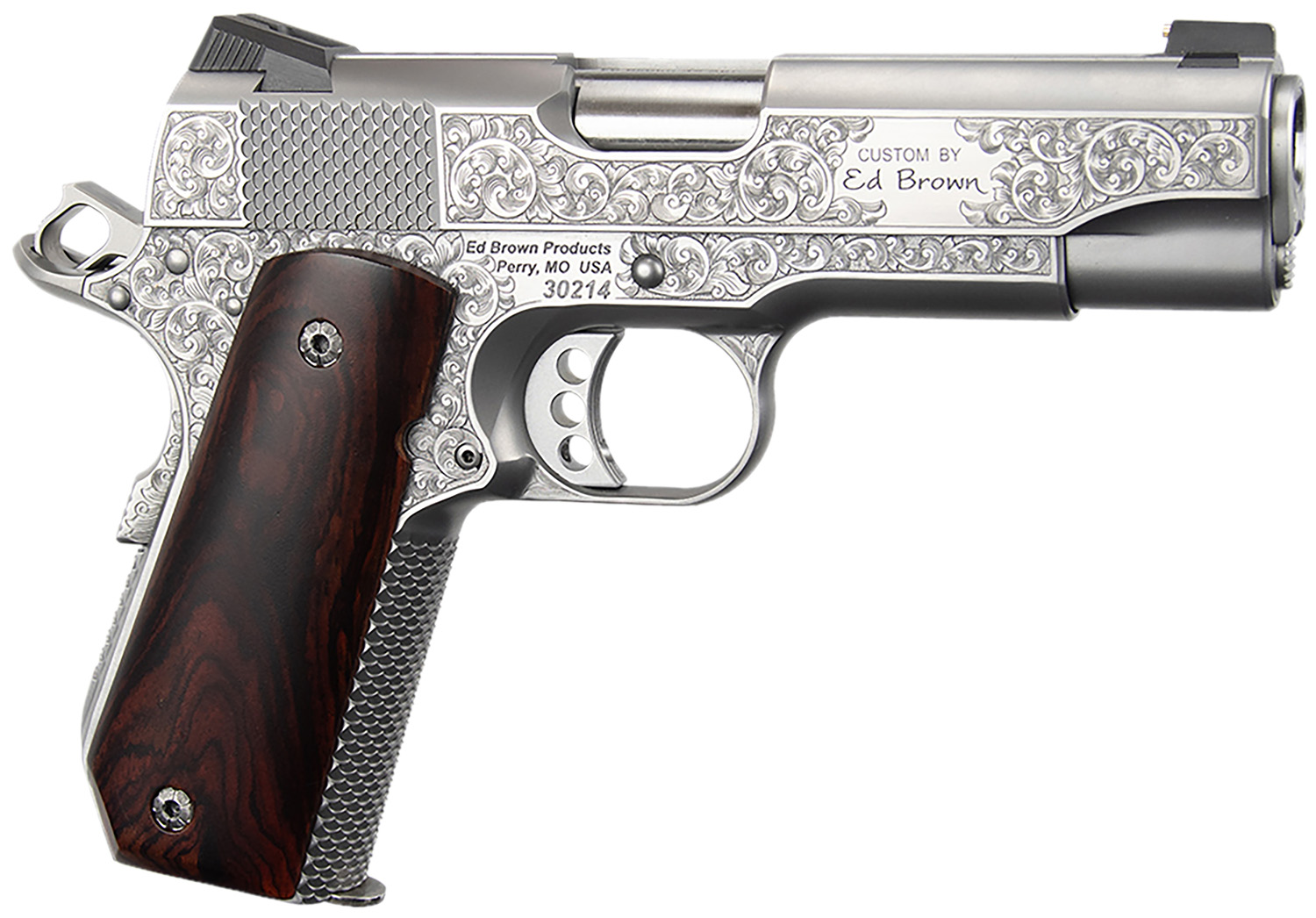 Ed Brown KCSSSIG Kobra Carry Signature Edition 45 ACP 7+1 4.25″ Stainless Recessed Crown Barrel, Engraved Serrated Stainless Steel Slide & Frame w/Beavertail, Cocobolo Grip
