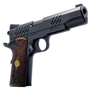 Dickinson LLC DKSN45BM 1911 Adam Full Size Frame 45 ACP 8+1 5″ Matte Black Button Rifled Barrel, Matte Black Serrated Aluminum Slide, Matte Black Steel Frame, Wood Grips