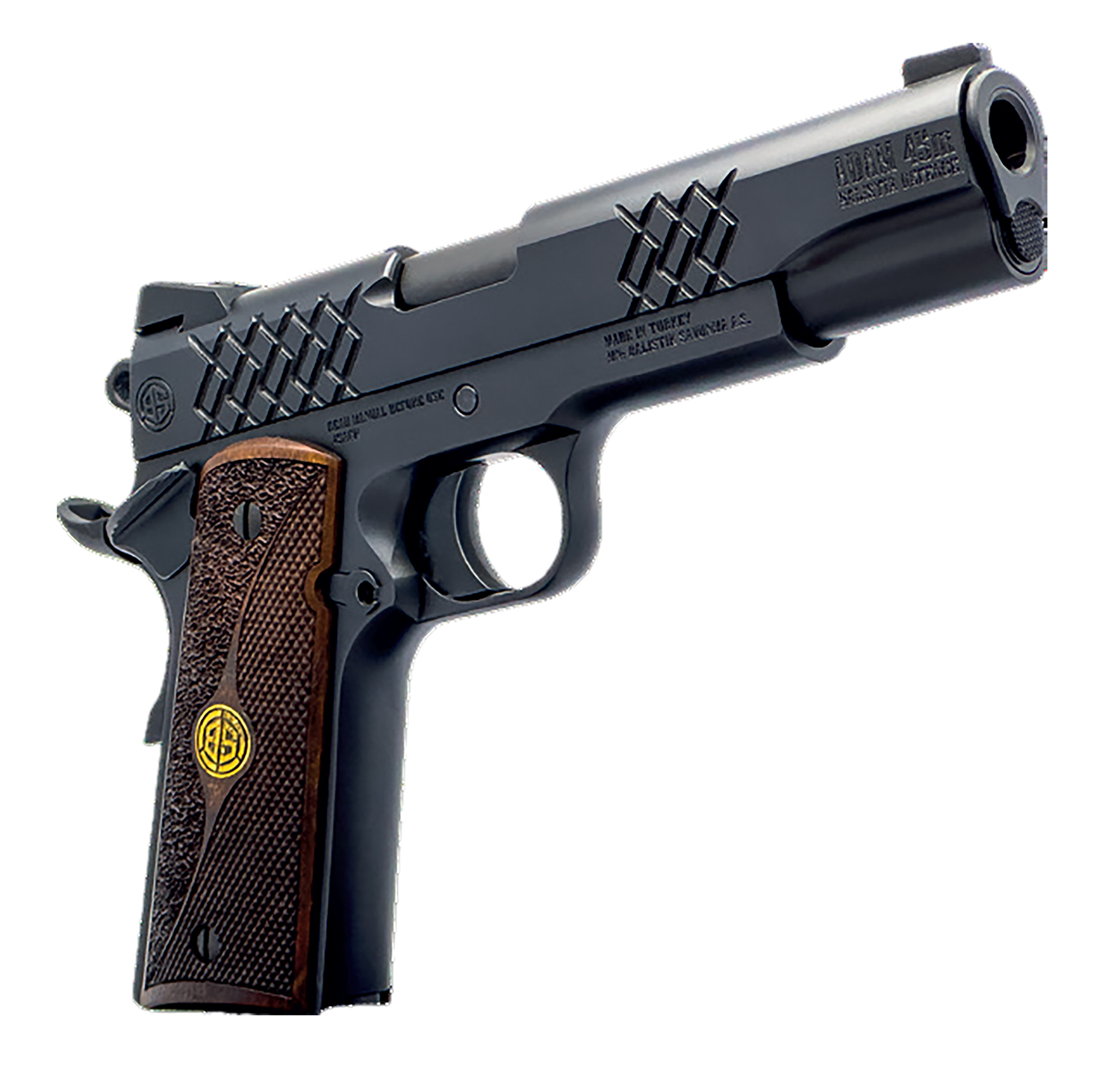 Dickinson LLC DKSN45BM 1911 Adam Full Size Frame 45 ACP 8+1 5″ Matte Black Button Rifled Barrel, Matte Black Serrated Aluminum Slide, Matte Black Steel Frame, Wood Grips