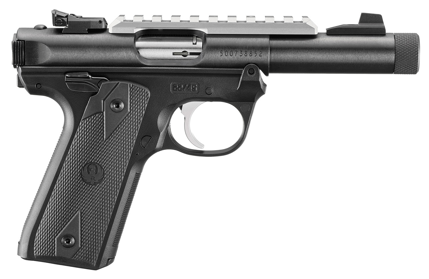 Ruger 40190 Mark IV 22/45 22 LR 10+1 4.40″ Steel Threaded Bull Barrel, Blued Picatinny Rail Receiver, Blued Polymer Frame, Black Checkered Polymer Grip