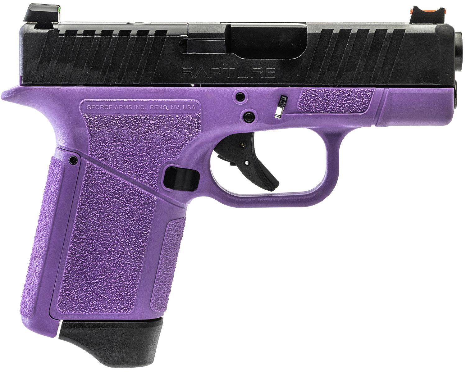Gforce Arms GF932512PUB Rapture Sub-Compact Frame 9mm Luger 12+1 3.25″ Black Steel Barrel, Black Optic Cut/Serrated Steel Slide, Purple Cerakote Polymer Frame