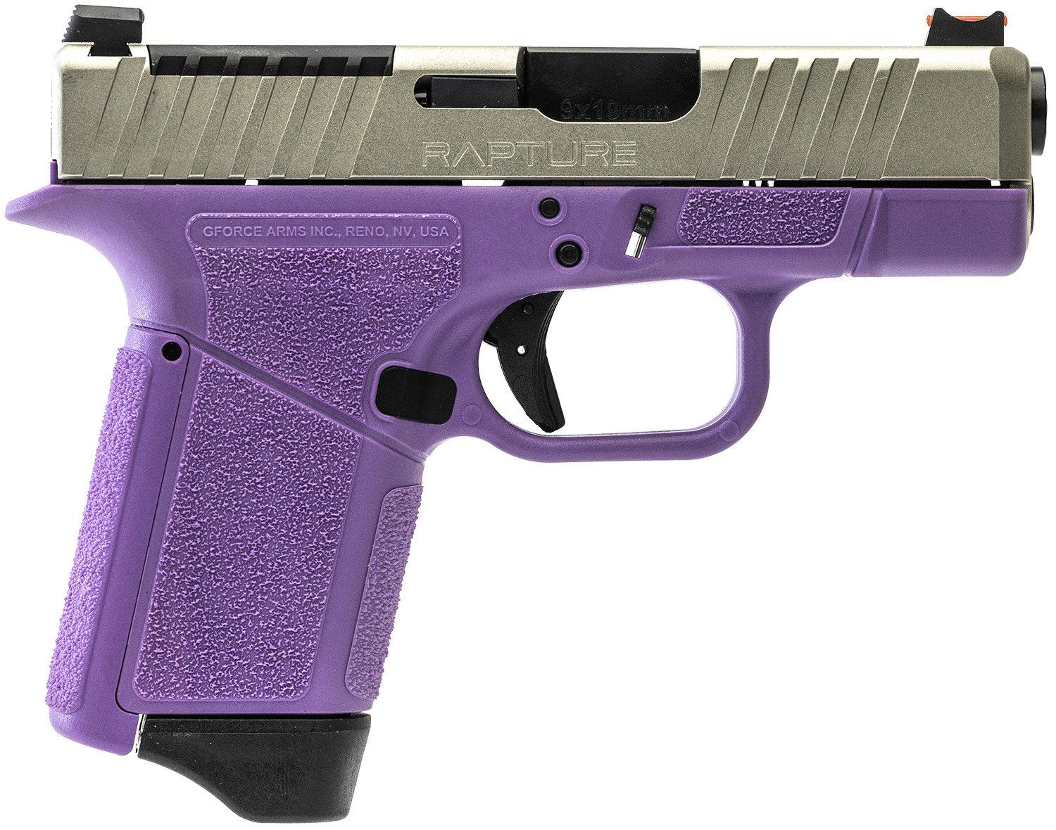 Gforce Arms GF932512PUN Rapture Sub-Compact Frame 9mm Luger 12+1 3.25″ Black Steel Barrel, Nickel Steel Optic Cut/Serrated Slide, Purple Cerakote Polymer Frame, Shield RMSc/RMR Footprint