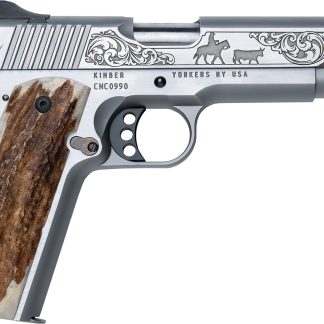 Cnc Firearms CNCCATTLEMAN Kimber 1911 Cattleman 45 ACP 7+1 5″ Stainless Steel Barrel, Stainless Scenic Cattleman Engraved Slide, Stainless Frame, Stag Grip