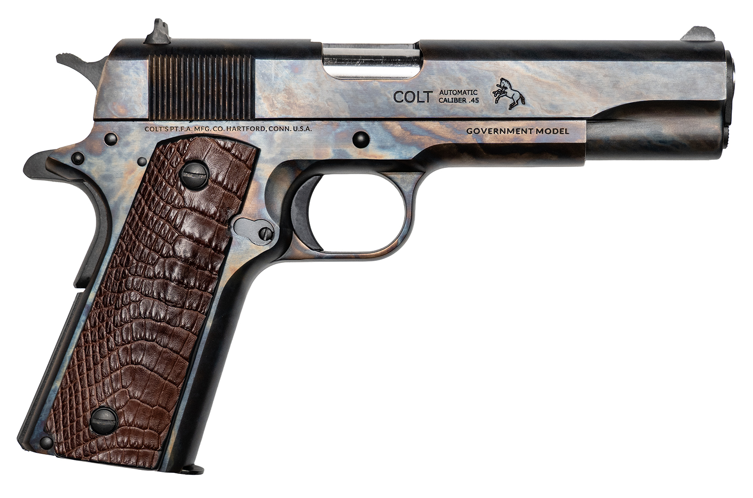 Cnc Firearms CNCLINEAGE Colt Government Lineage 45 ACP 7+1 5″ Stainless Match Grade Barrel, Color Case Hardened Stainless Steel Serrated Slide & Frame, Chocolate Alligator Grip