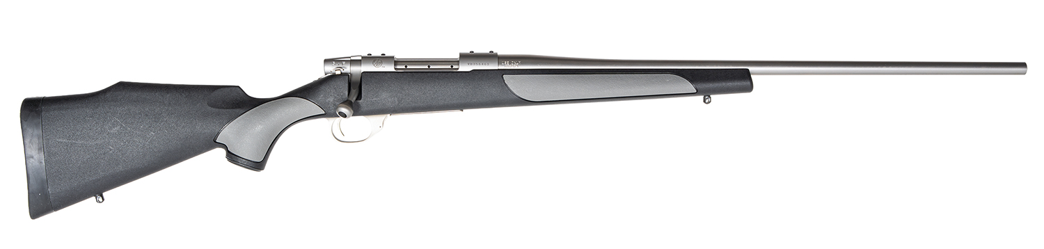 Weatherby Vanguard Weatherguard Full Size 25-06 Rem 5+1 24″ Satin Threaded Barrel, Satin Stainless Steel Drilled & Tapped Receiver, Black/Gray Weatherguard Stock