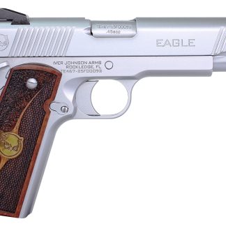 Iver Johnson Arms EAGLEHC Eagle Gen2 HC Government Frame 45 ACP 8+1 5″ Overall Satin Hard Chrome Crowned Barrel, Serrated Steel Slide & Frame w/Beavertail, Textured Walnut w/Brass Logo Medallion Grip