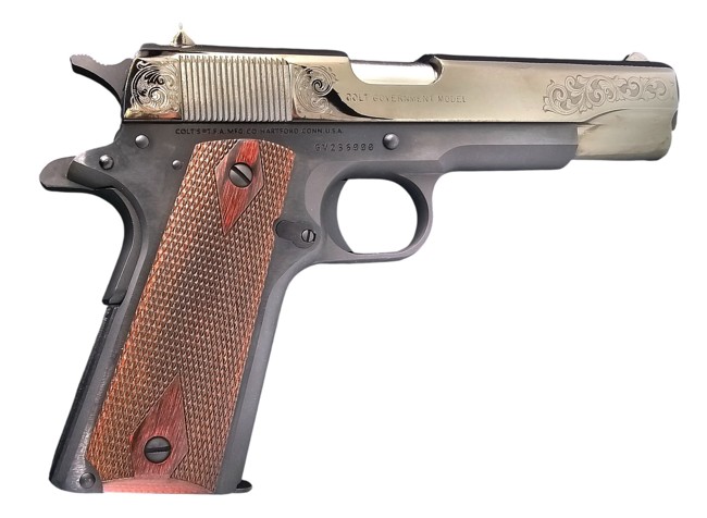 COLT 1911 GOVERNMENT CLASSIC 45ACP 5IN BARREL 7RD BLACK PAVILION GOLD SCROLLED CX007T