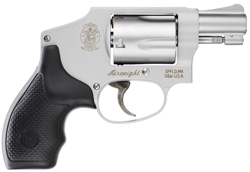 Smith & Wesson 103810 Model 642 Airweight J-Frame 38 Special +P 5 Shot 1.88″ Stainless Steel Barrel, Stainless Cylinder, Stainless Aluminum Frame, Black Finger Grooved Grip, Concealed Hammer
