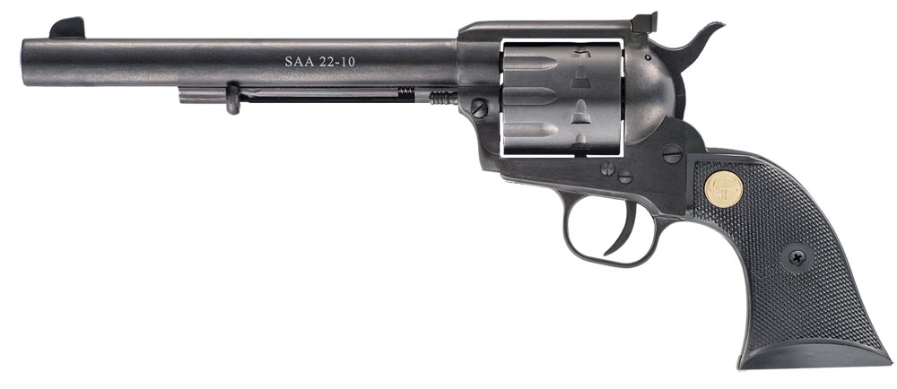 Chiappa Firearms CF340170 SAA 1873 Medium Frame 22 LR 10 Shot, 7.50″ Blued Steel Barrel, Blued Steel Frame, Blued Cylinder, Black Plastic Grip, Exposed Hammer