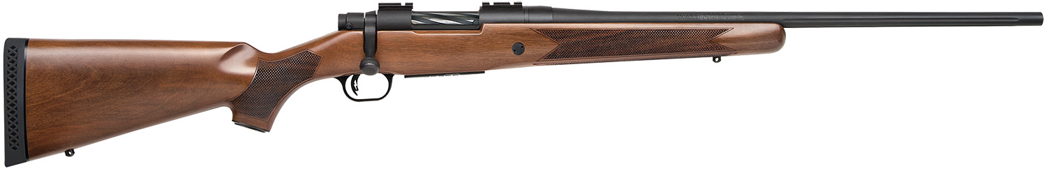 Mossberg 27835 Patriot 243 Win 5+1 22″ Matte Blued Fluted Barrel, Drilled & Tapped Matte Blued Stainless Steel Receiver, Walnut Fixed Stock, Right Hand