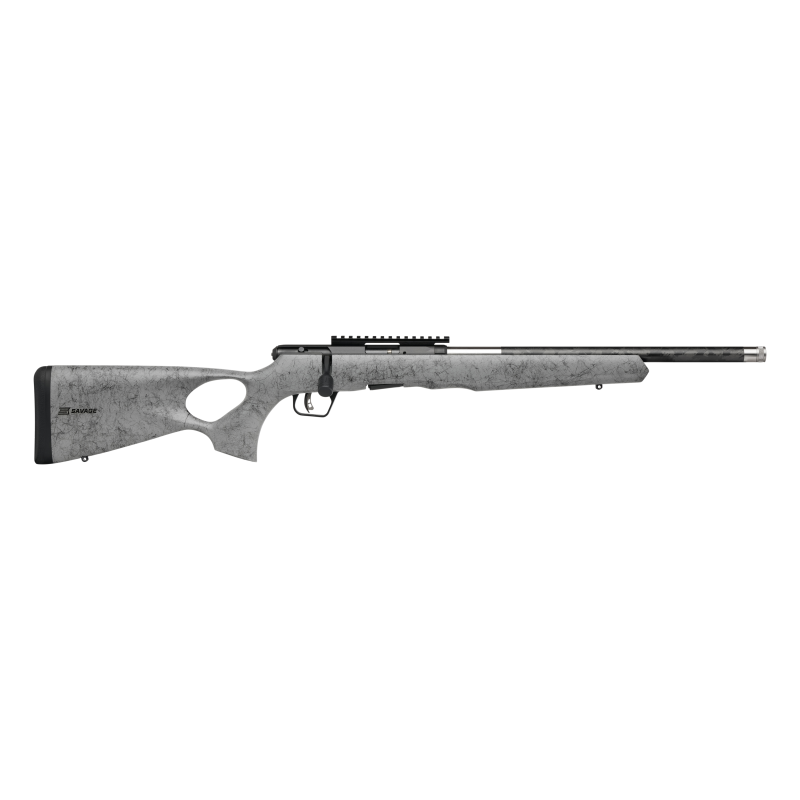 Savage Arms B17 Timberlite Thumbhole Rifle .17 HMR 10rd Magazine 18″ 1/2×28 Threaded Barrel Grey with Black Spiderweb