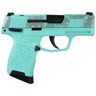 Sig Sauer Exclusive “Robin’s Egg Blue and Roses” P365-380 Handgun 380 Auto 10rd Magazine 3.1″ Barrel Black Manual Safety